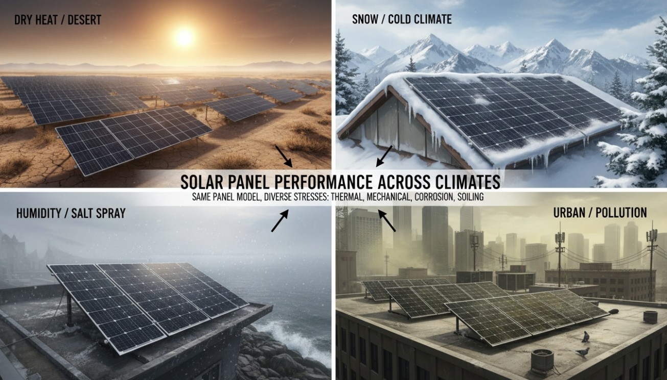 Solar panel performance across desert snow coastal humidity and urban pollution climates showing thermal mechanical corrosion and soiling stresses